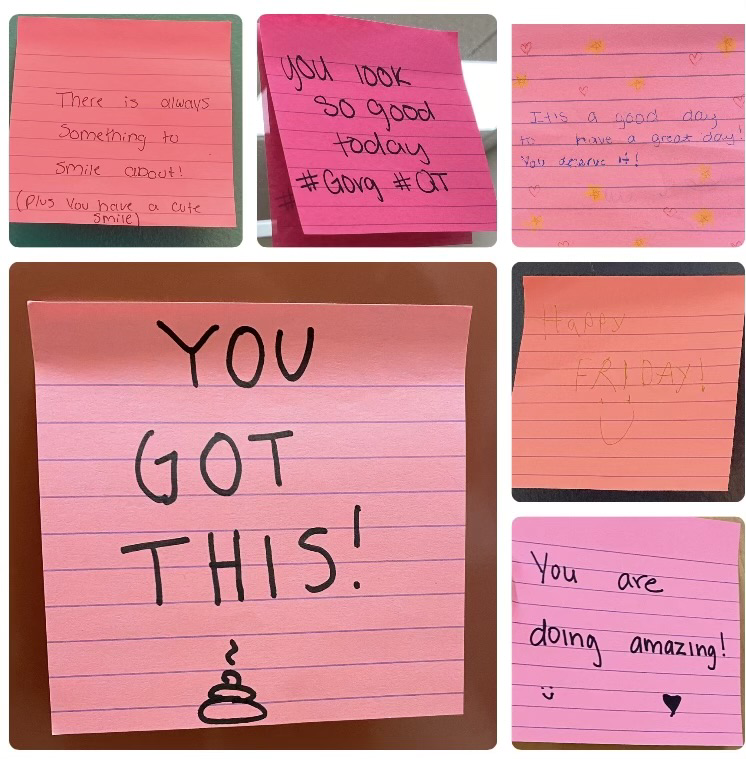 Examples of sticky notes placed around Marcil Hall. 