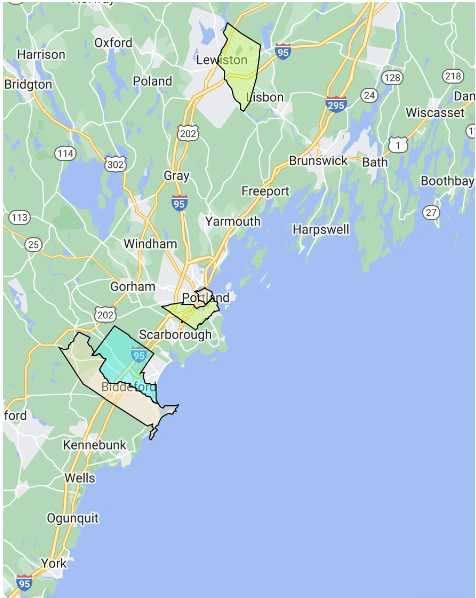 Lewiston in relation to Biddeford, Saco, South Portland, and Portland. Graphic is credited to Mya Hankes. 