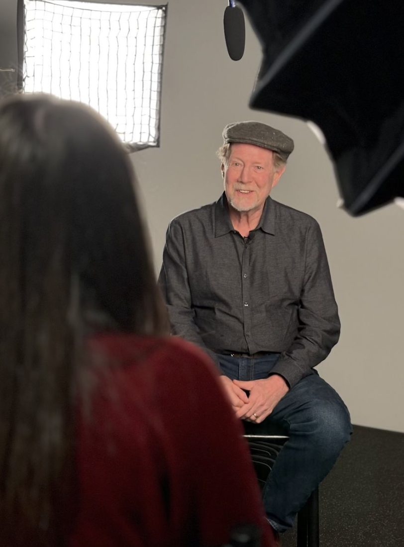 Filmmaker Rick Goldsmith being interviewed by Emily Hedegard, a senior English and CMA major, in the new Nor'Easter Production Studio, located in the basement of Decary.